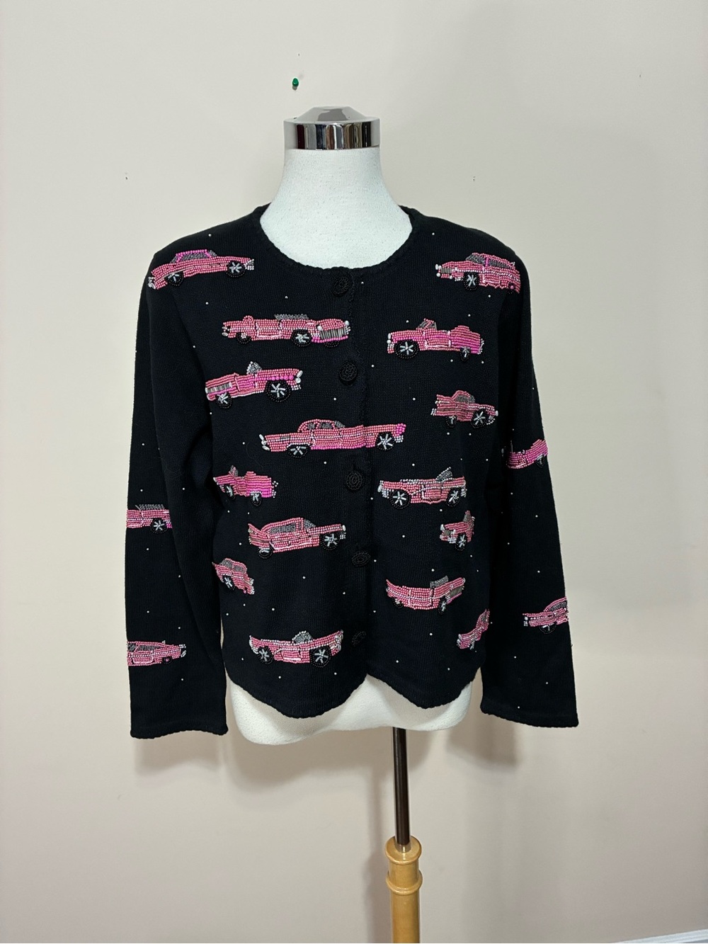 Michael Simon Black Cardigan with Pink Car Motif